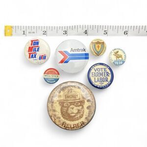 vintage pinback buttons, primarily political and awareness campaign pinbacks